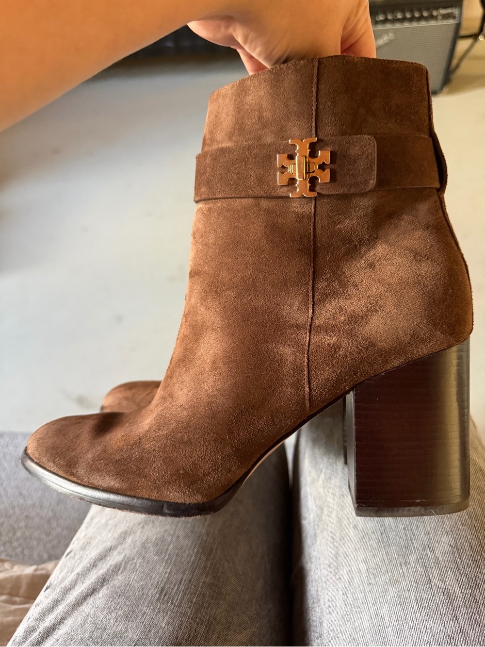 Tory Burch Turnlock Chocolate Brown Suede Block Heel Ankle Boots